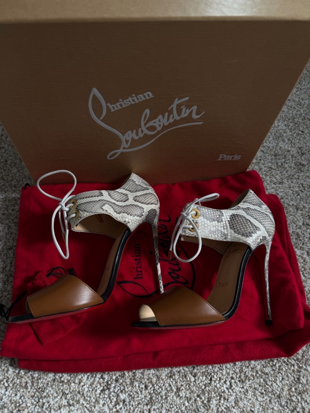 Christian Louboutin Brown Leather and Snakeskin Lace-Up Stilettos
